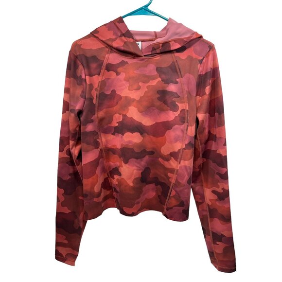 Athleta Pinnacle Cropped Hoodie Top Medium Red Mantra Print Thumb Holes - Picture 3 of 8